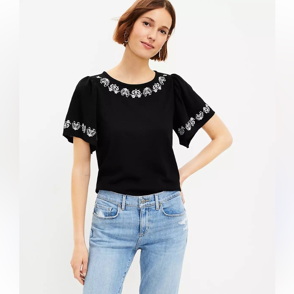 LOFT Black Embroidered Flutter Sleeve Top